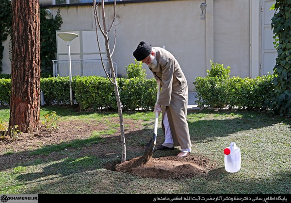 الإمام الخامنئي يغرس شتلتين بمناسبة يوم الشجرة