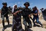 Israeli troops move away an elderly Palestinian man during a protest on 20 May 2022 after Israel