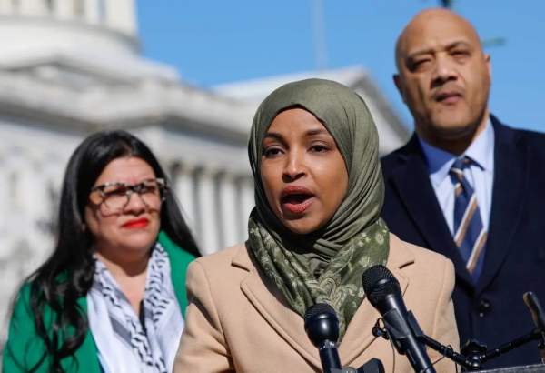 United States Representative Ilhan Omar (C), Congresswoman Rashida Tlaib (L), Congressman Andre Carson (R) hold a press conference with US Representatives in front of the US Capitol to call for a ceasefire and end to the Israeli attacks on Gaza in Washington DC, United States on February 29, 2024 [Yasin Öztürk – Anadolu Agency]